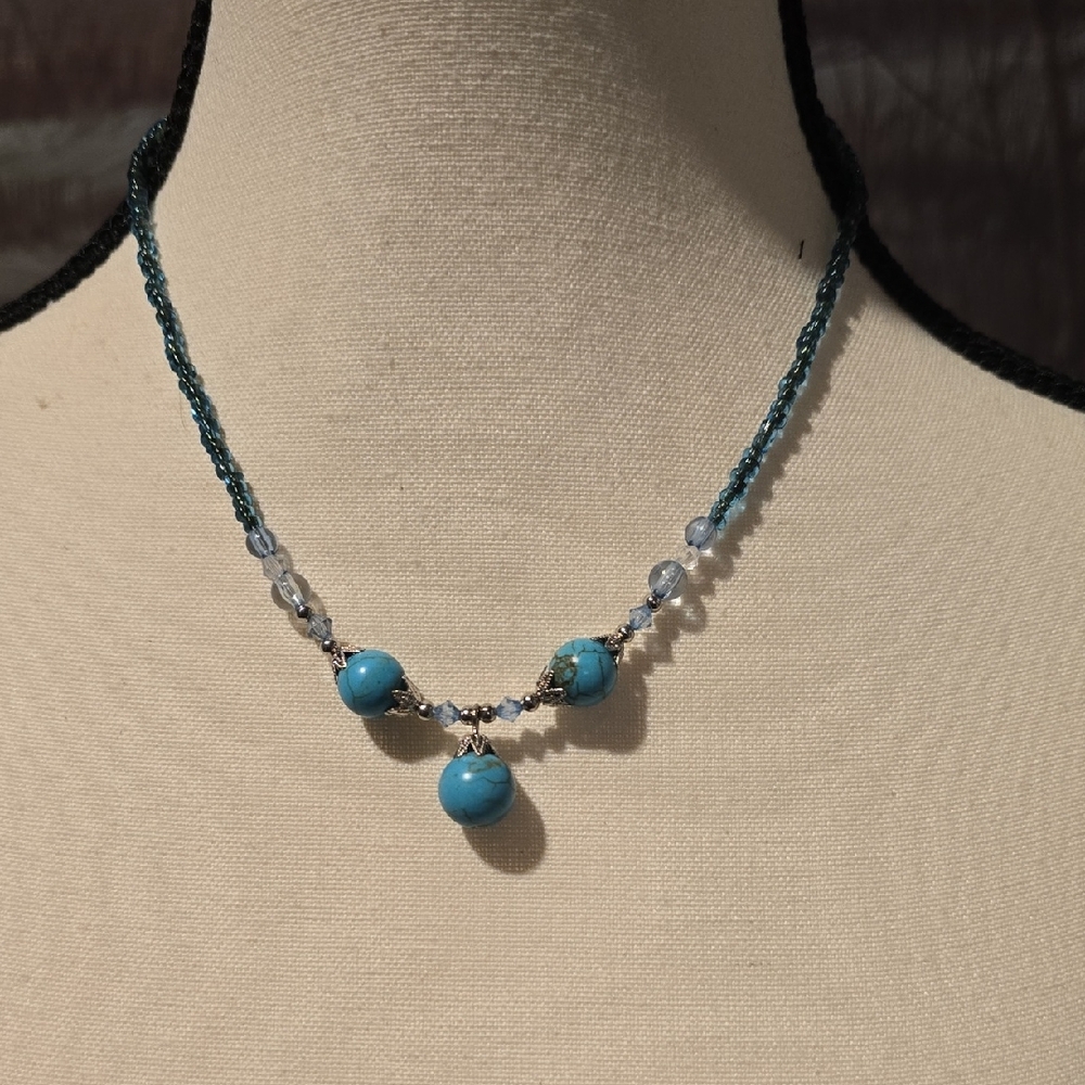 Blue and Silver Asymmetrical Necklace with Turquoise Beads